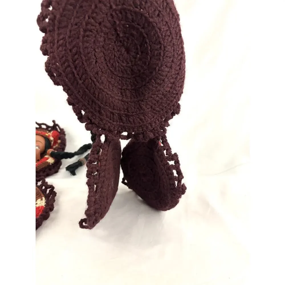 VTG Set of 2 Rubber Doll Face Crochet Pot Holder Brown‎ & Red Wall Decor 1970s